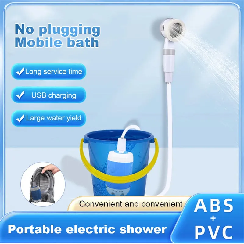 Portable outdoor camping electric shower with 5000mAh rechargeable battery, ABS plastic, IPX7 waterproof, two water output modes, includes pump, showerhead, and shower rack
