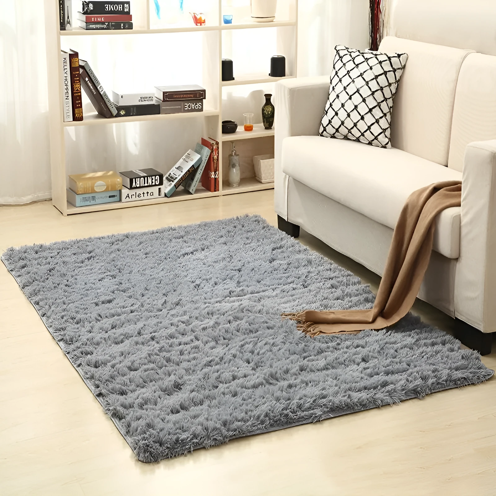 Machine-woven plain square carpet in beige for living room floor