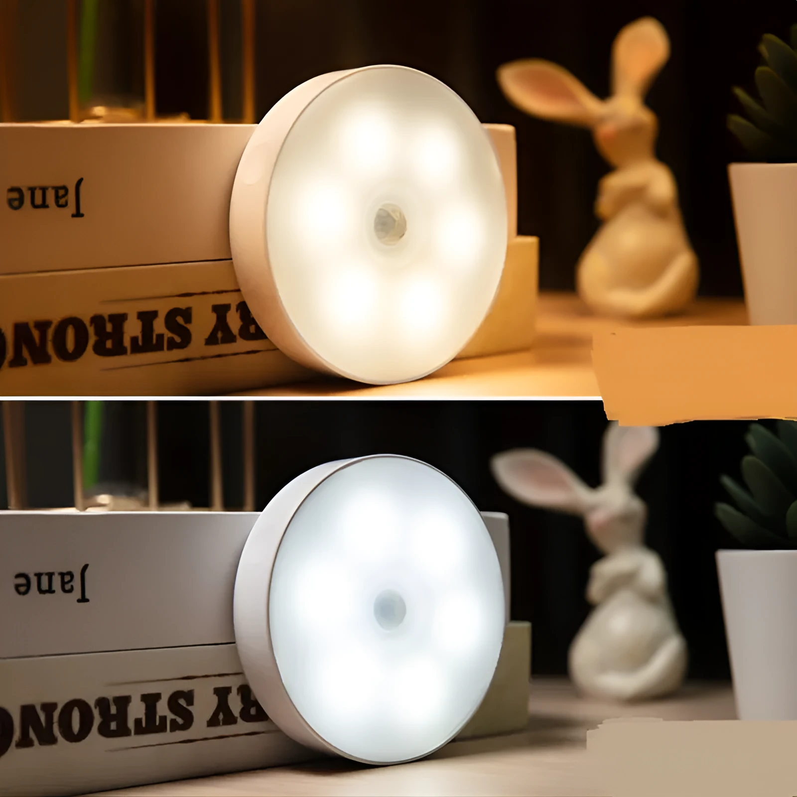 Round USB rechargeable motion sensor light with PIR sensor, 86mm diameter, ABS plastic body, LED puck light for kitchen cabinets