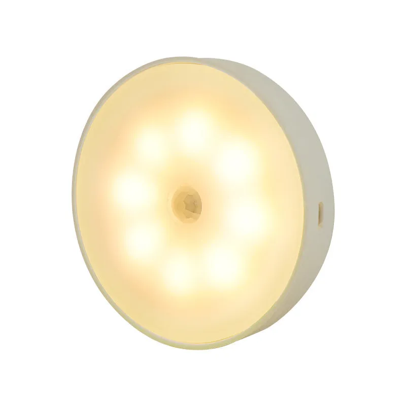 Round USB rechargeable motion sensor light with PIR sensor, 86mm diameter, ABS plastic body, LED puck light for kitchen cabinets