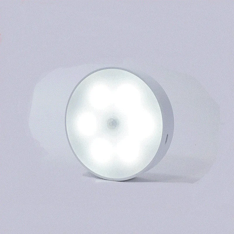Round USB rechargeable motion sensor light with PIR sensor, 86mm diameter, ABS plastic body, LED puck light for kitchen cabinets
