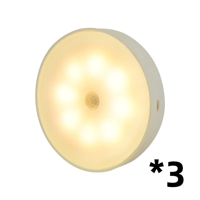 Round USB rechargeable motion sensor light with PIR sensor, 86mm diameter, ABS plastic body, LED puck light for kitchen cabinets