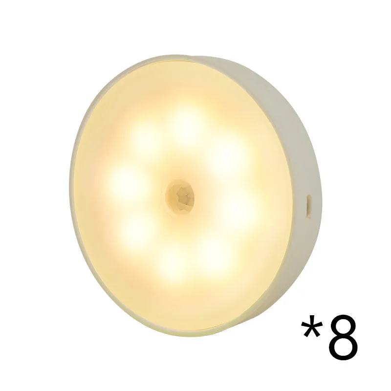Round USB rechargeable motion sensor light with PIR sensor, 86mm diameter, ABS plastic body, LED puck light for kitchen cabinets