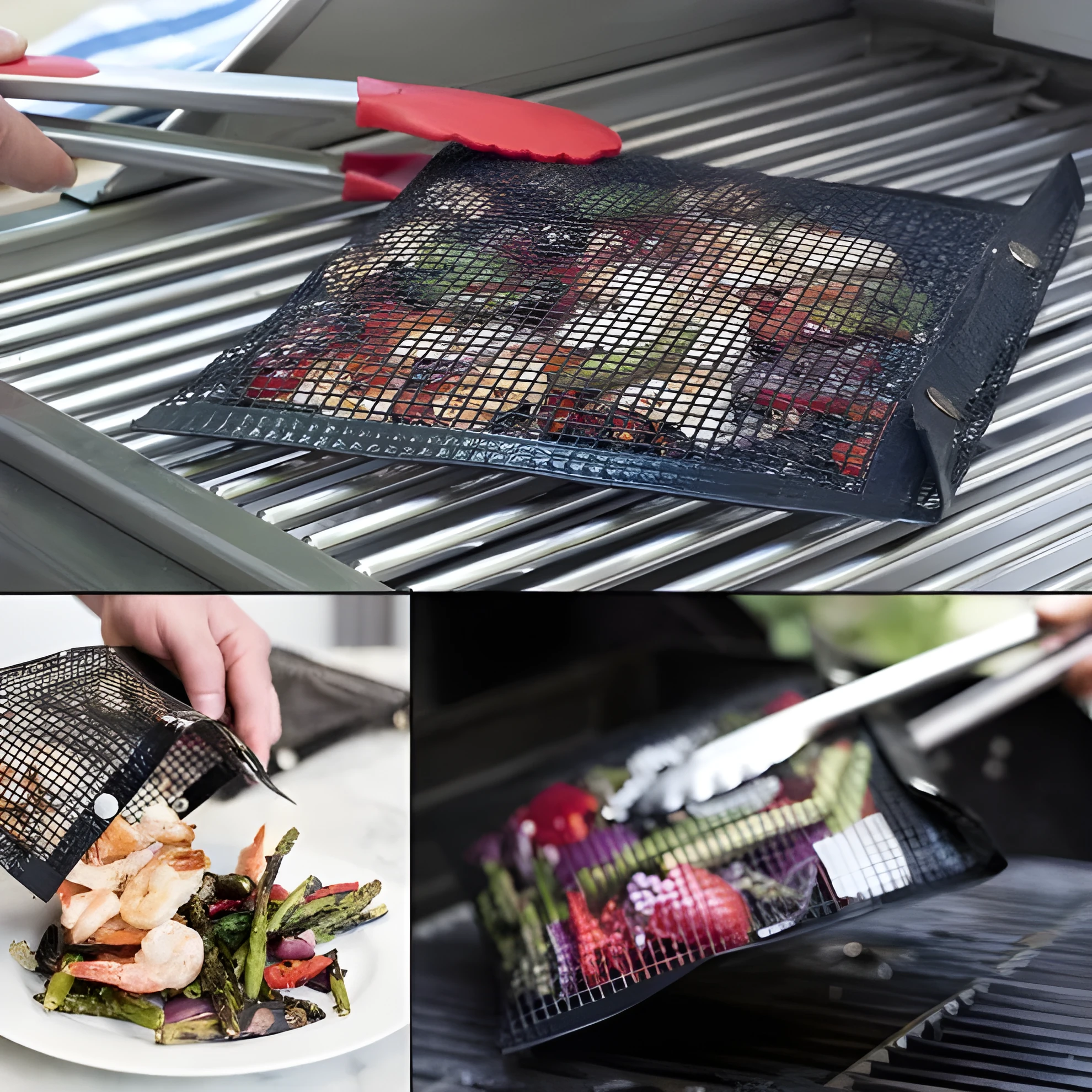 Reusable non-stick BBQ grill mesh bag on a grill with food, heat-resistant and food-safe