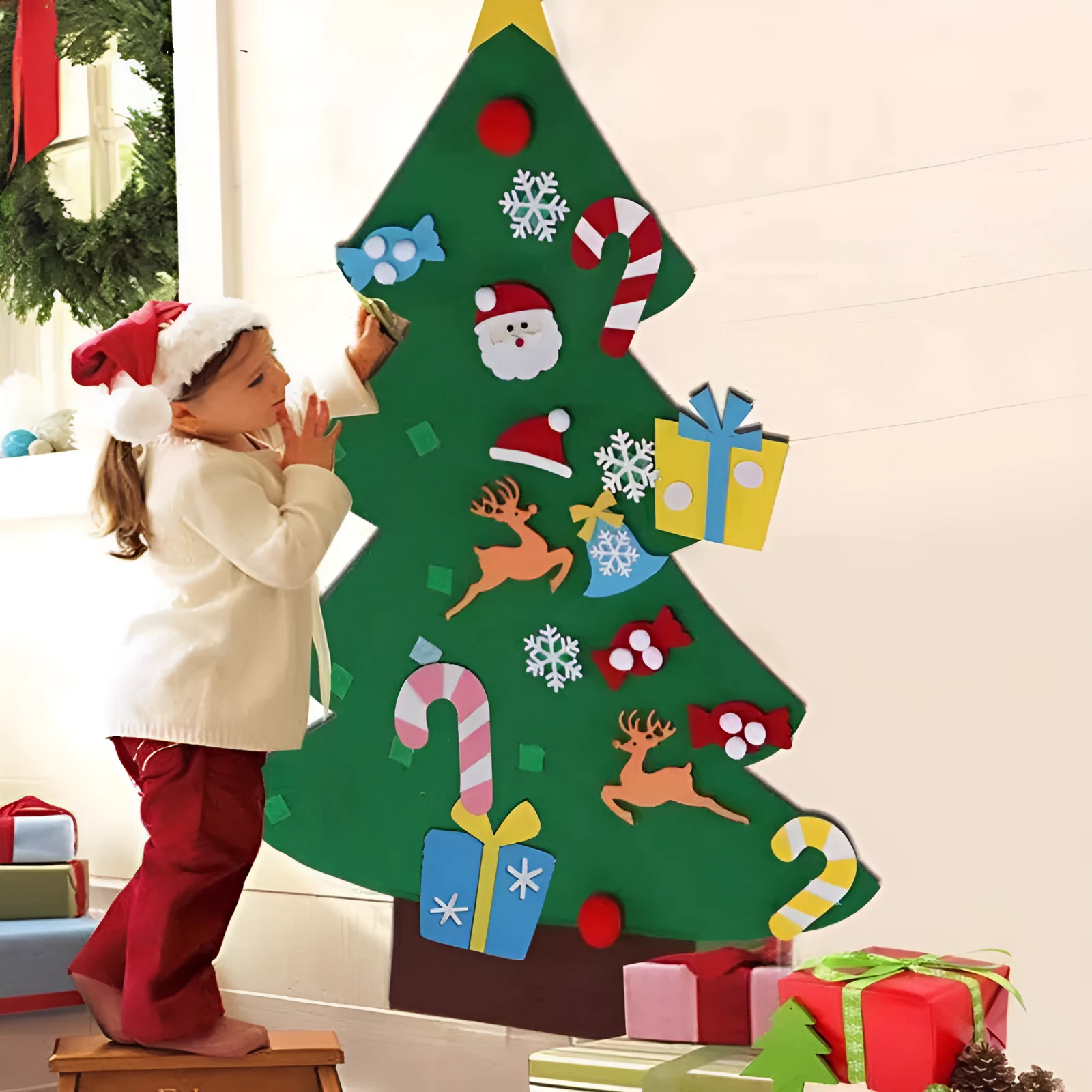 DIY felt Christmas tree multi-layer 3D design 98x70cm with 32 decorations snowflakes Santa reindeer