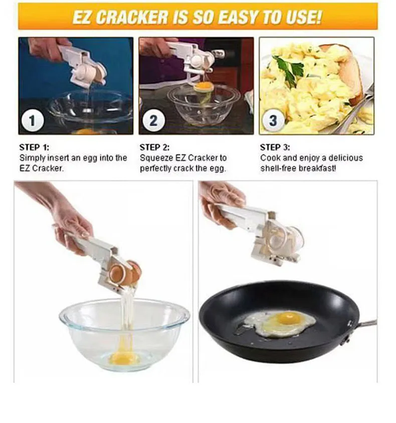 White handheld egg shell cracker with curved silicone grip and metal mechanism on a kitchen counter