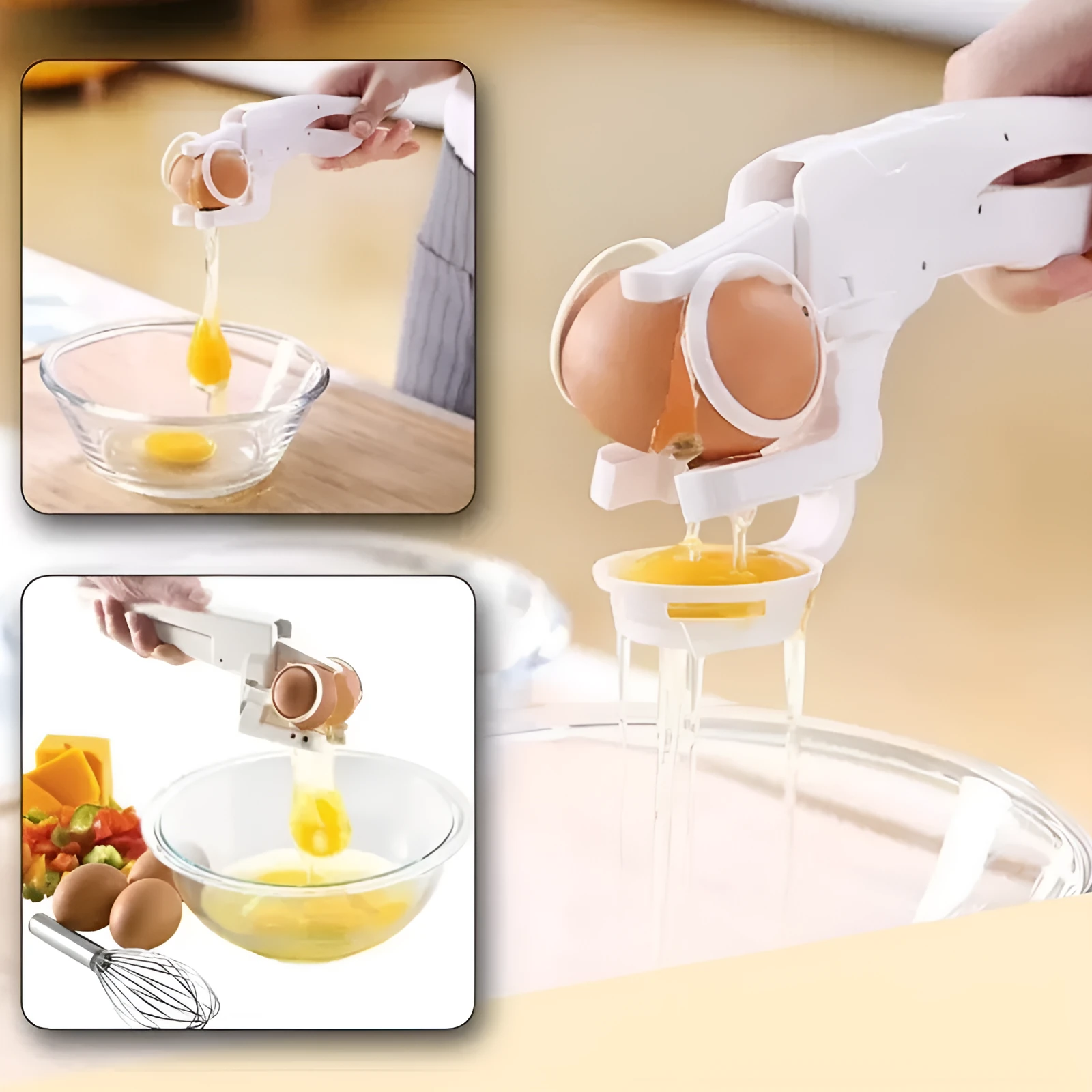 White handheld egg shell cracker with curved silicone grip and metal mechanism on a kitchen counter