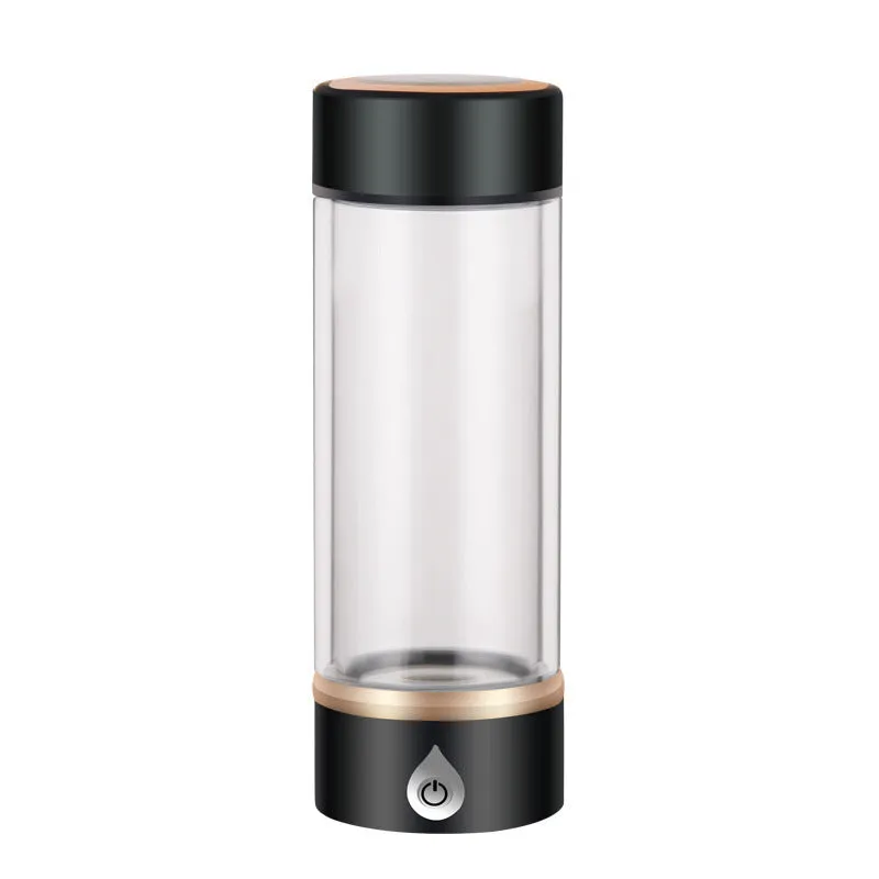 380ml portable hydrogen water ionizer bottle in black with high borosilicate glass body and 22cm height
