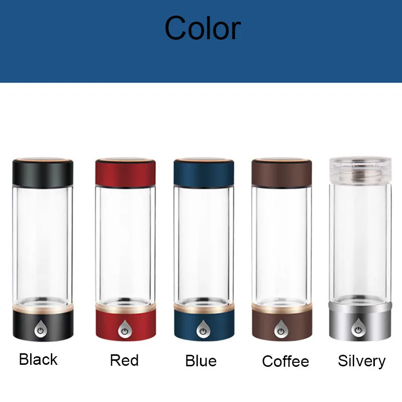 380ml portable hydrogen water ionizer bottle in black with high borosilicate glass body and 22cm height
