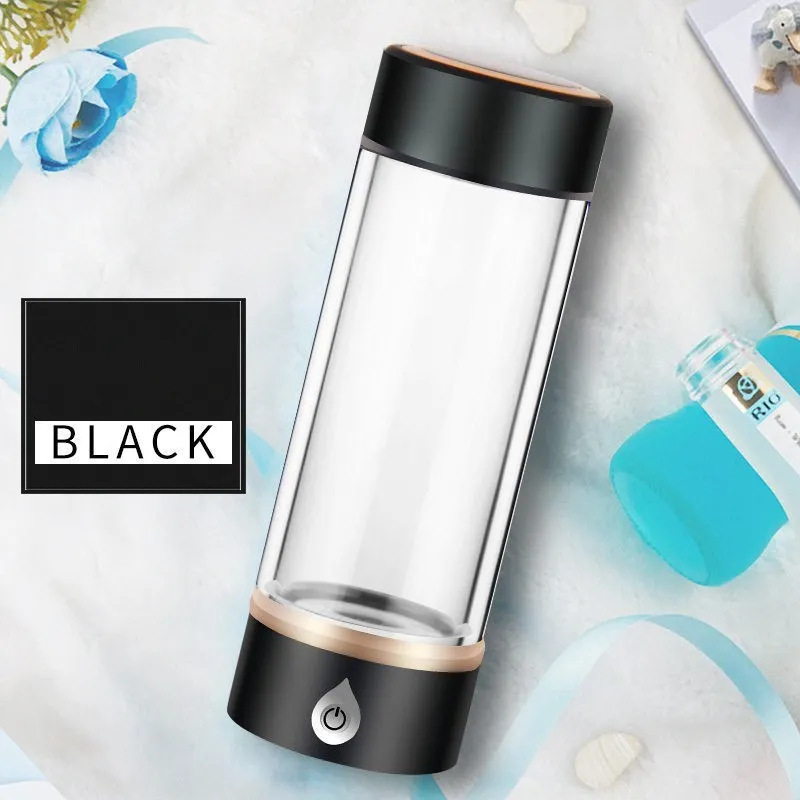 380ml portable hydrogen water ionizer bottle in black with high borosilicate glass body and 22cm height
