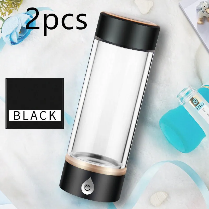 380ml portable hydrogen water ionizer bottle in black with high borosilicate glass body and 22cm height