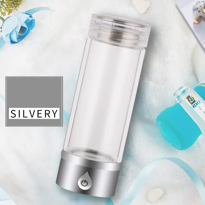 380ml portable hydrogen water ionizer bottle in black with high borosilicate glass body and 22cm height
