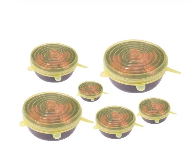 Six round stretch silicone covers in assorted colours, sizes 2.6 to 8.3 inches