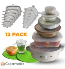 Six round stretch silicone covers in assorted colours, sizes 2.6 to 8.3 inches