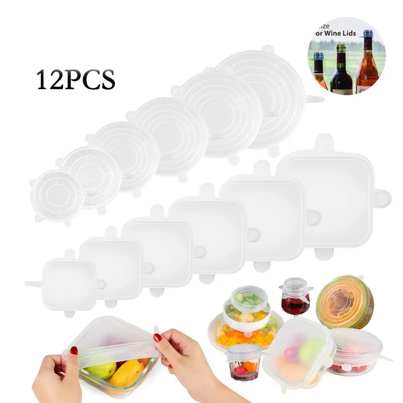 Six round stretch silicone covers in assorted colours, sizes 2.6 to 8.3 inches
