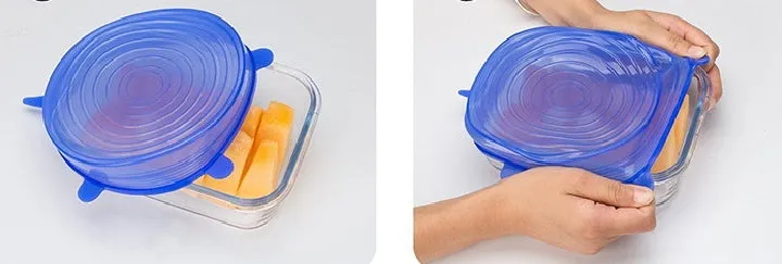 Six round stretch silicone covers in assorted colours, sizes 2.6 to 8.3 inches