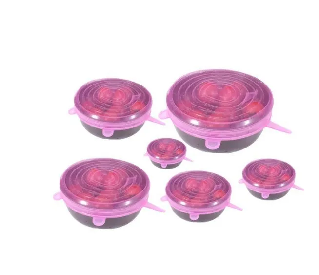 Six round stretch silicone covers in assorted colours, sizes 2.6 to 8.3 inches