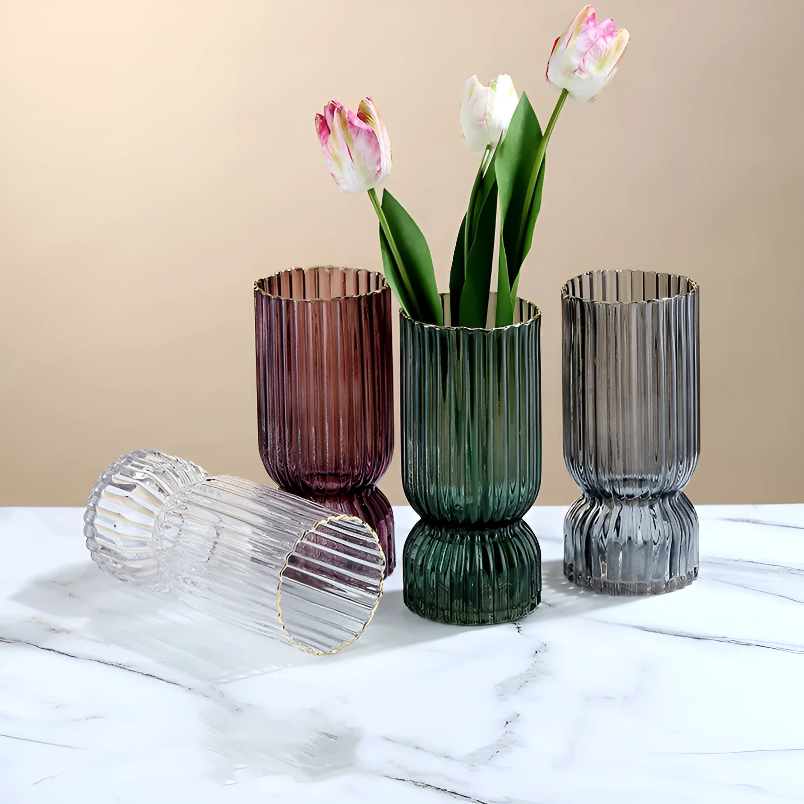 Handmade glass vase with electroplated finish and gold rim in chrysanthemum colour, two sizes available