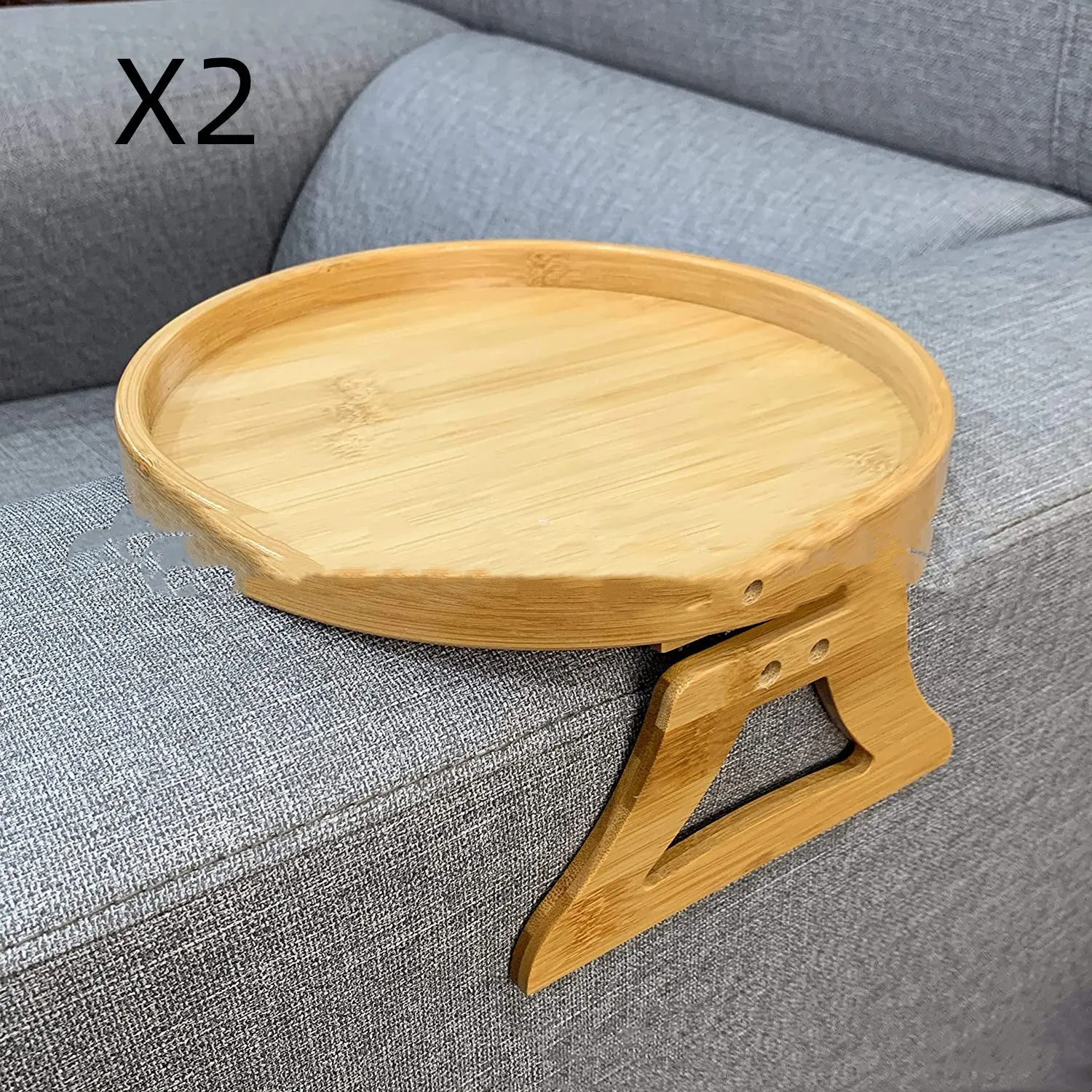 Wooden clip-on sofa armrest tray with carved surface in bamboo original colour