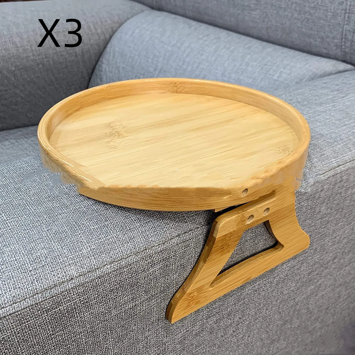 Wooden clip-on sofa armrest tray with carved surface in bamboo original colour
