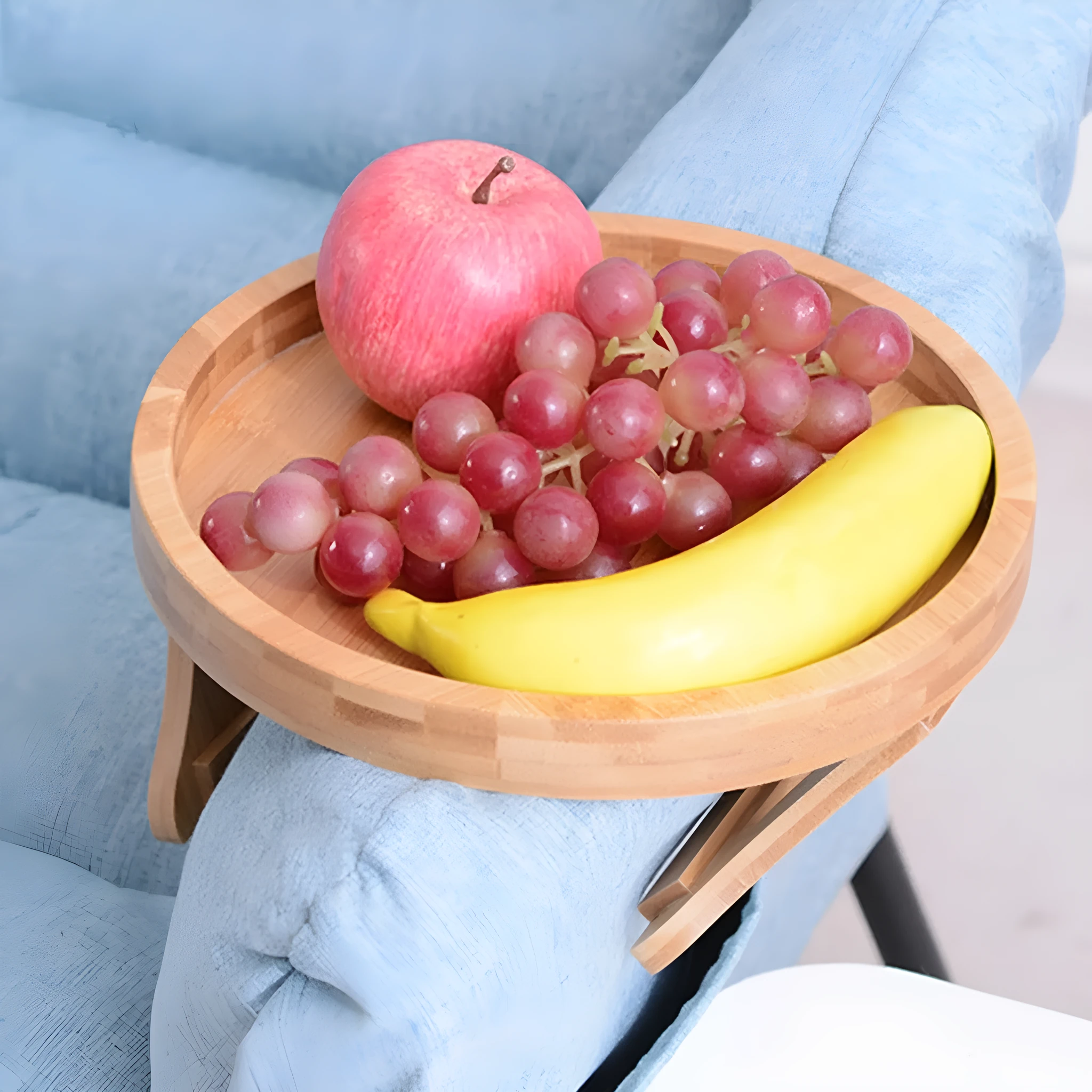 Wooden clip-on sofa armrest tray with carved surface in bamboo original colour