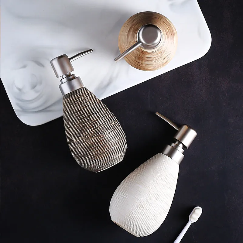 Japanese retro ceramic shower gel bottle with brushed finish in white colour, pump dispenser for bathroom use