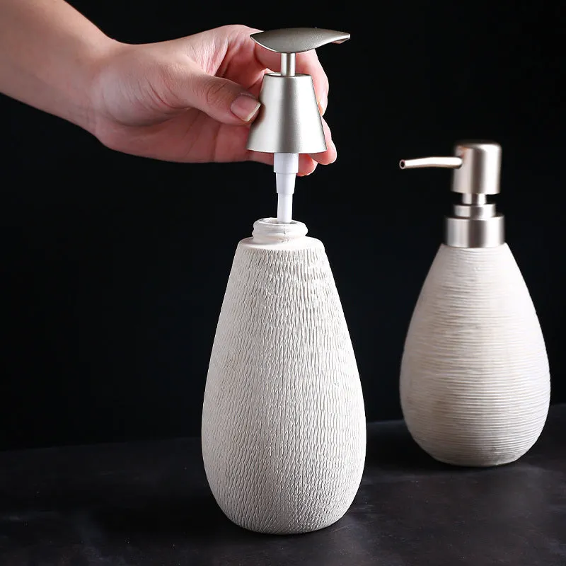 Japanese retro ceramic shower gel bottle with brushed finish in white colour, pump dispenser for bathroom use