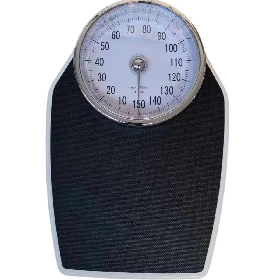 Large black mechanical body weight scale with dial pointer and 47cm platform