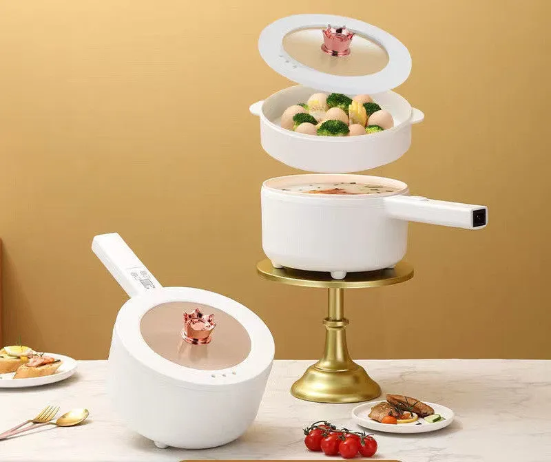 20cm multifunctional electric cooker with non-stick pot, plastic body, and glass lid on a table