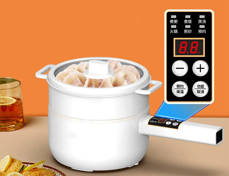 20cm multifunctional electric cooker with non-stick pot, plastic body, and glass lid on a table