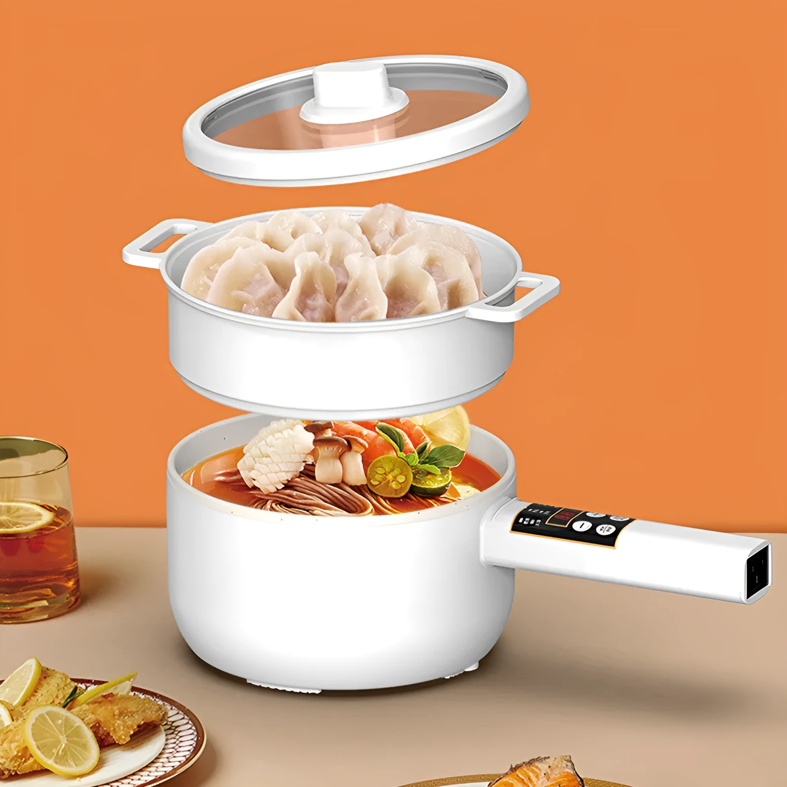 20cm multifunctional electric cooker with non-stick pot, plastic body, and glass lid on a table