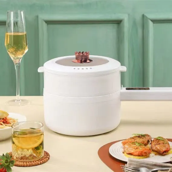 20cm multifunctional electric cooker with non-stick pot, plastic body, and glass lid on a table