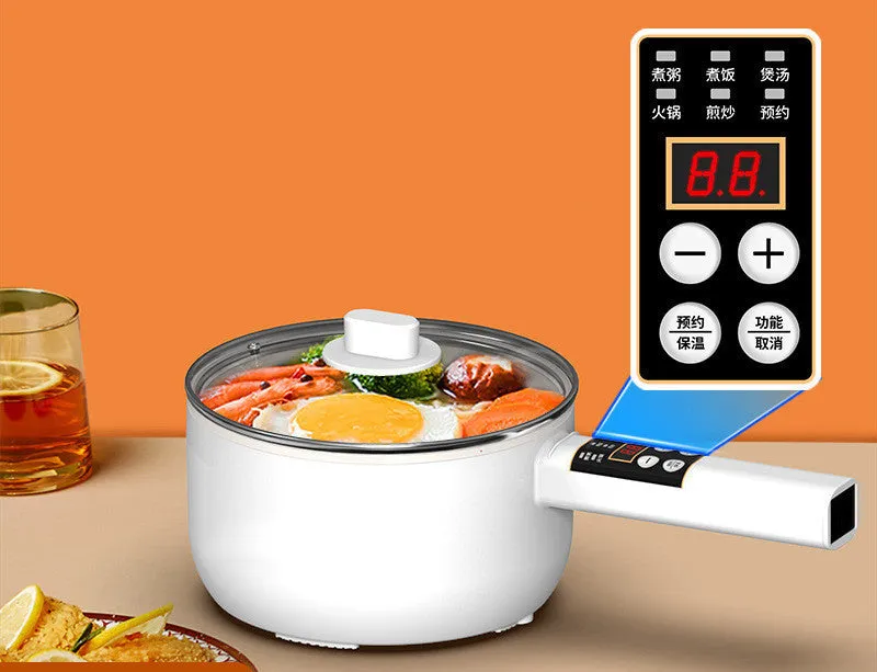 20cm multifunctional electric cooker with non-stick pot, plastic body, and glass lid on a table