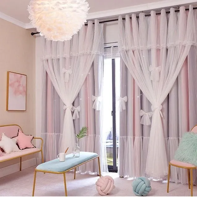 Nordic simple hollow star blackout curtains with gauze in bedroom, Pink Grey colour, hook fitting