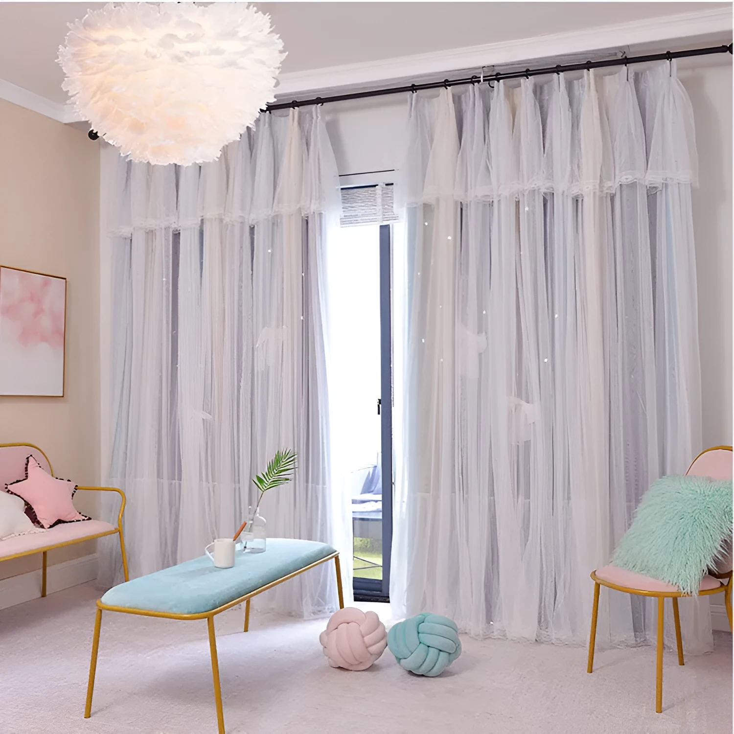 Nordic simple hollow star blackout curtains with gauze in bedroom, Pink Grey colour, hook fitting
