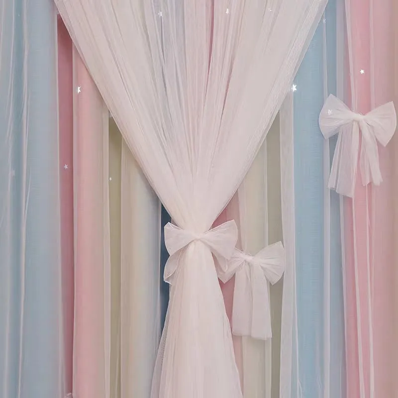 Nordic simple hollow star blackout curtains with gauze in bedroom, Pink Grey colour, hook fitting