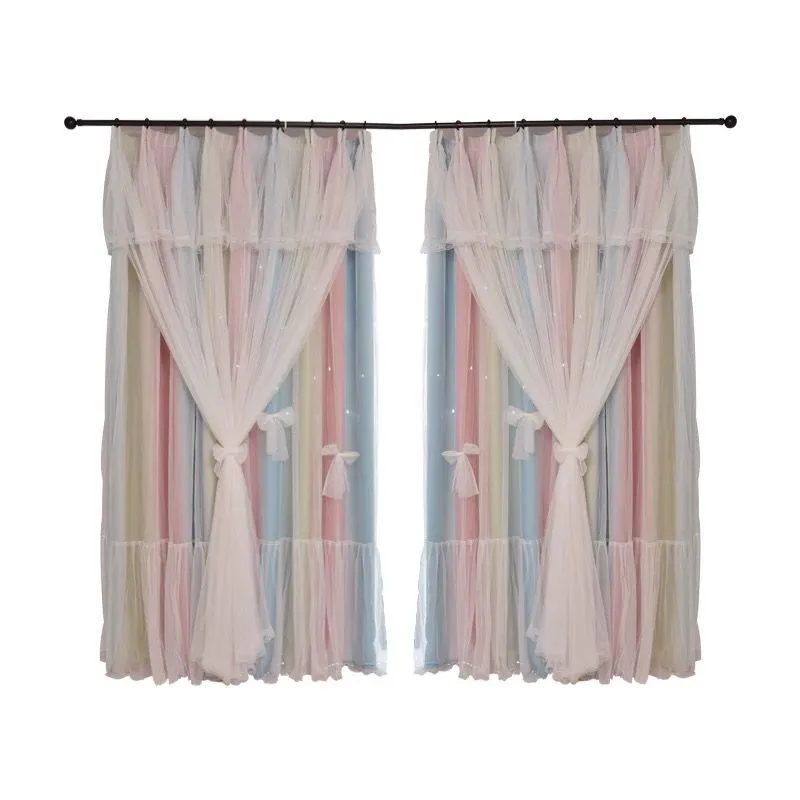 Nordic simple hollow star blackout curtains with gauze in bedroom, Pink Grey colour, hook fitting