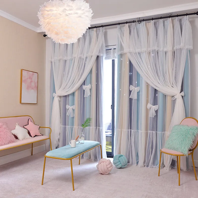 Nordic simple hollow star blackout curtains with gauze in bedroom, Pink Grey colour, hook fitting