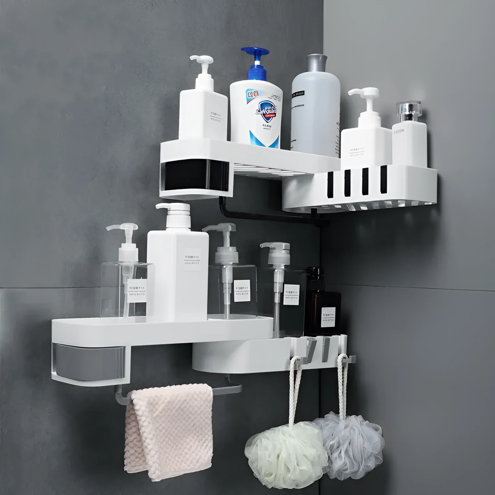 Bathroom corner shelf plastic wall mounted black and white shower storage organiser