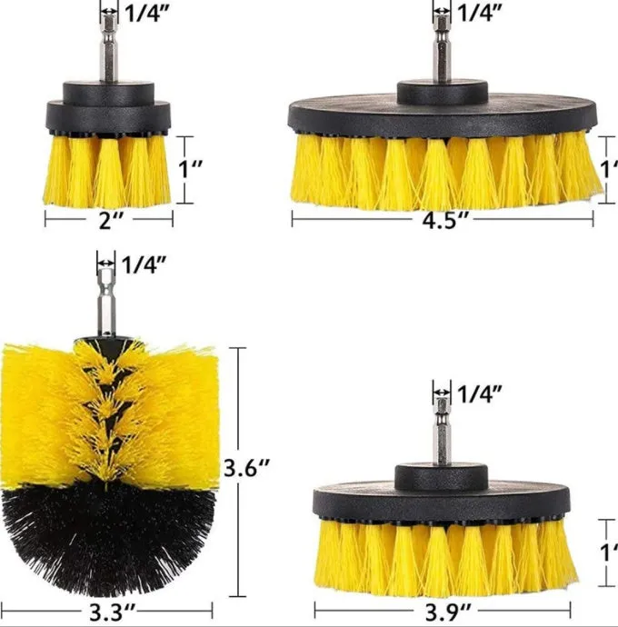 Set of electric drill cleaning brushes in various sizes and colours for kitchen floor and car tyre use