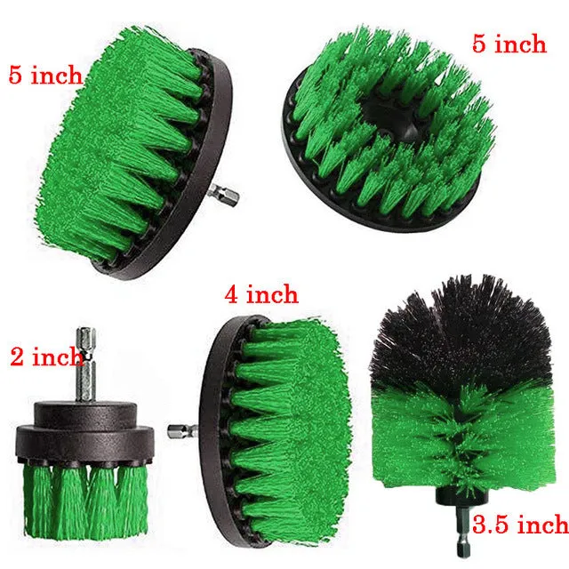 Set of electric drill cleaning brushes in various sizes and colours for kitchen floor and car tyre use