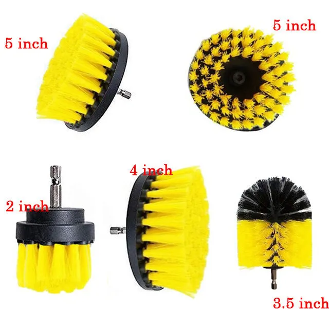 Set of electric drill cleaning brushes in various sizes and colours for kitchen floor and car tyre use