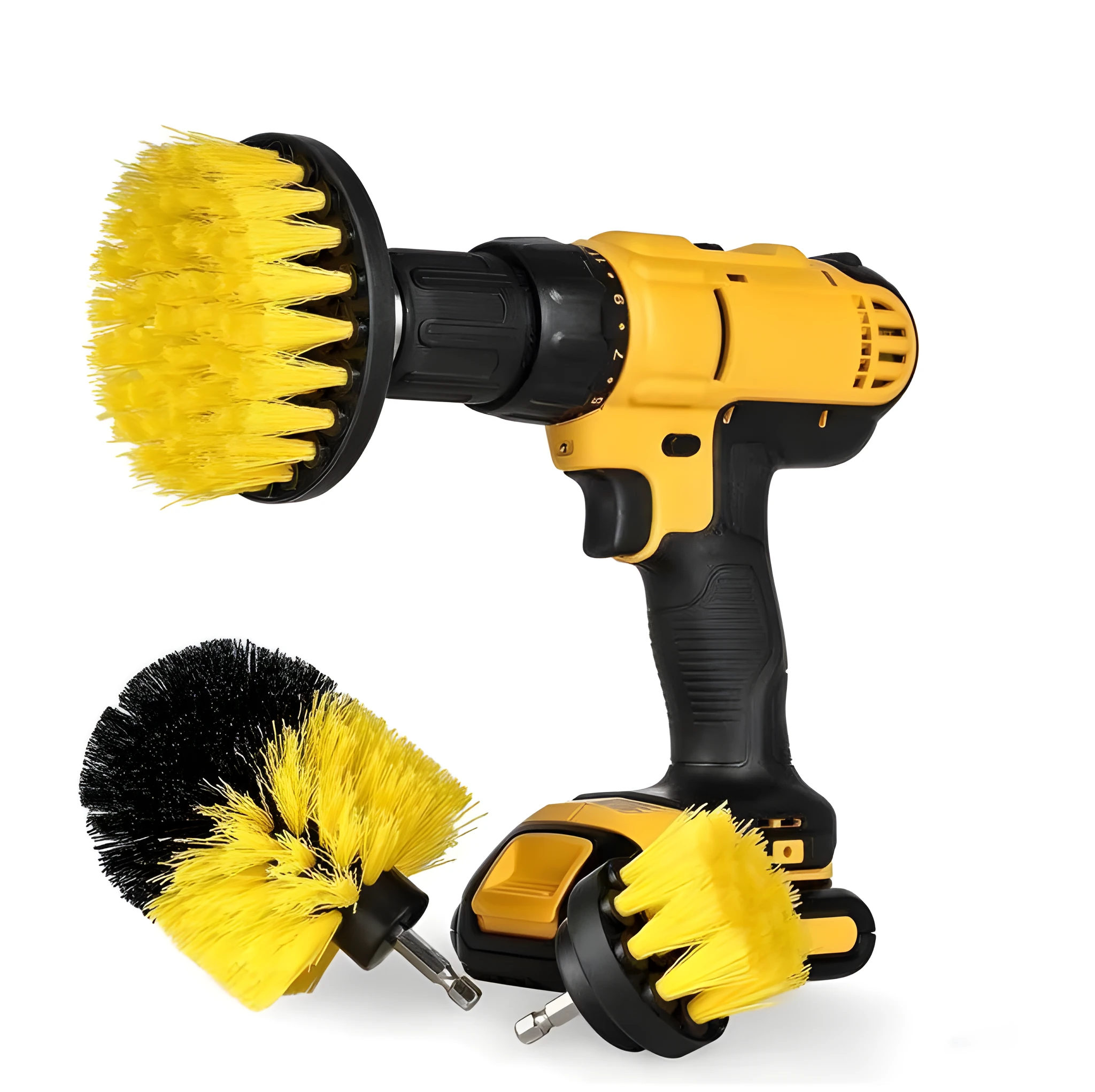 Set of electric drill cleaning brushes in various sizes and colours for kitchen floor and car tyre use