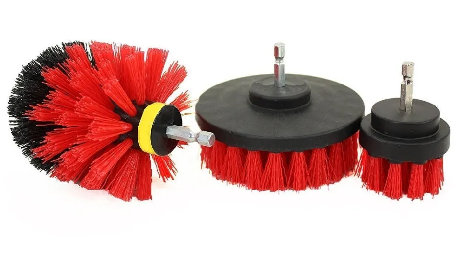 Set of electric drill cleaning brushes in various sizes and colours for kitchen floor and car tyre use