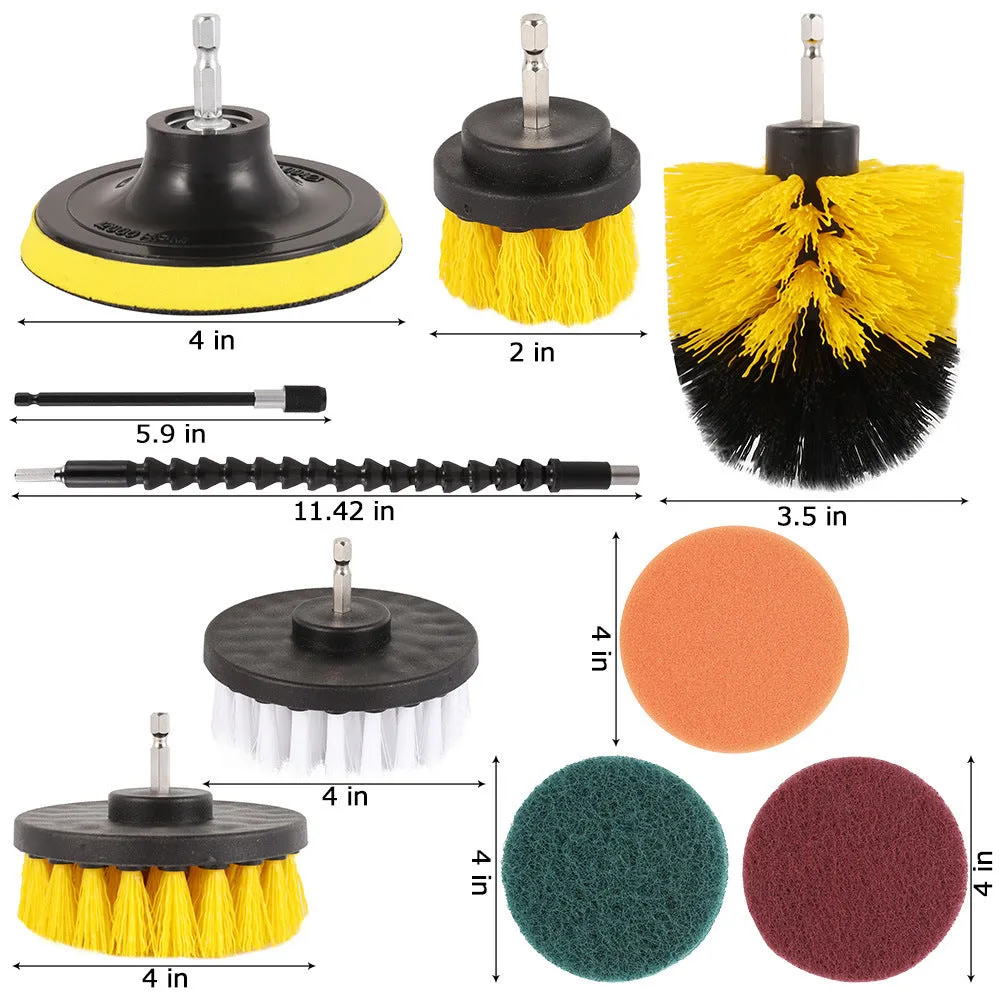 Set of electric drill cleaning brushes in various sizes and colours for kitchen floor and car tyre use