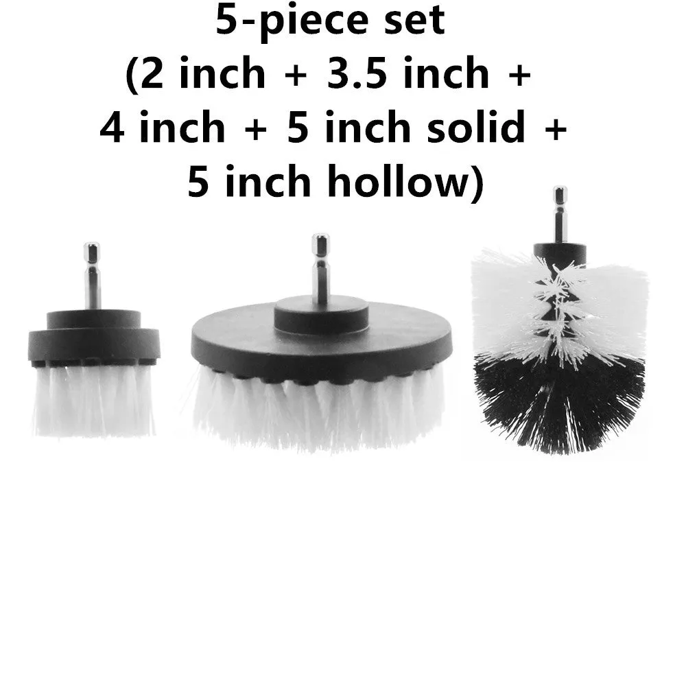 Set of electric drill cleaning brushes in various sizes and colours for kitchen floor and car tyre use