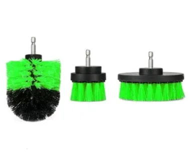 Set of electric drill cleaning brushes in various sizes and colours for kitchen floor and car tyre use