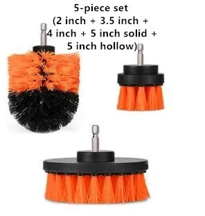 Set of electric drill cleaning brushes in various sizes and colours for kitchen floor and car tyre use