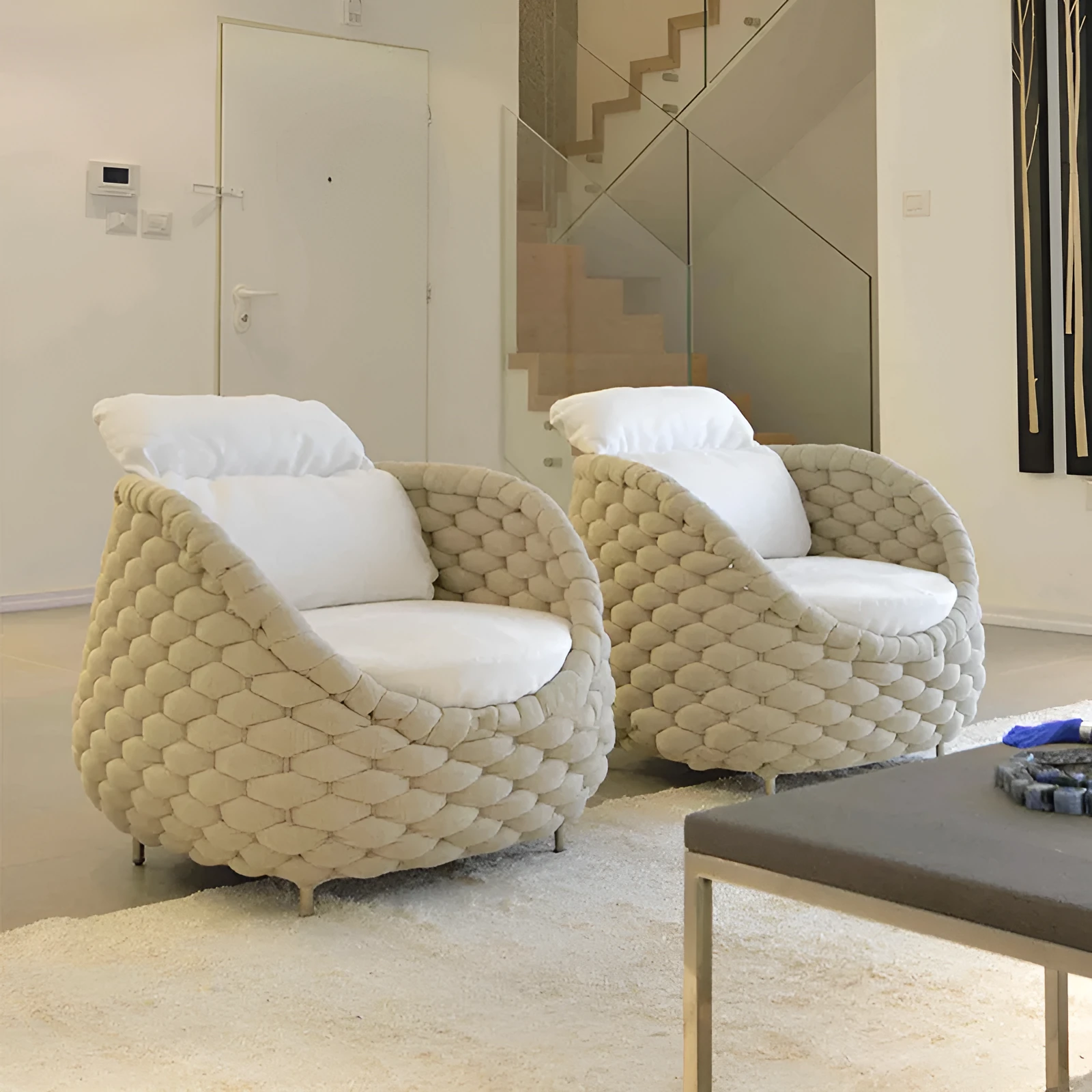 Outdoor patio lounge sofa coffee table set with PE rattan finish, alloy frame, and high-density sponge cushions