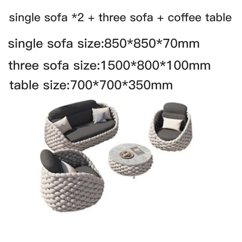 Outdoor patio lounge sofa coffee table set with PE rattan finish, alloy frame, and high-density sponge cushions